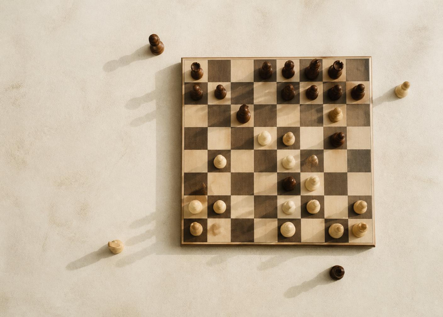 Overhead view of a chess board with wooden pieces mid-game